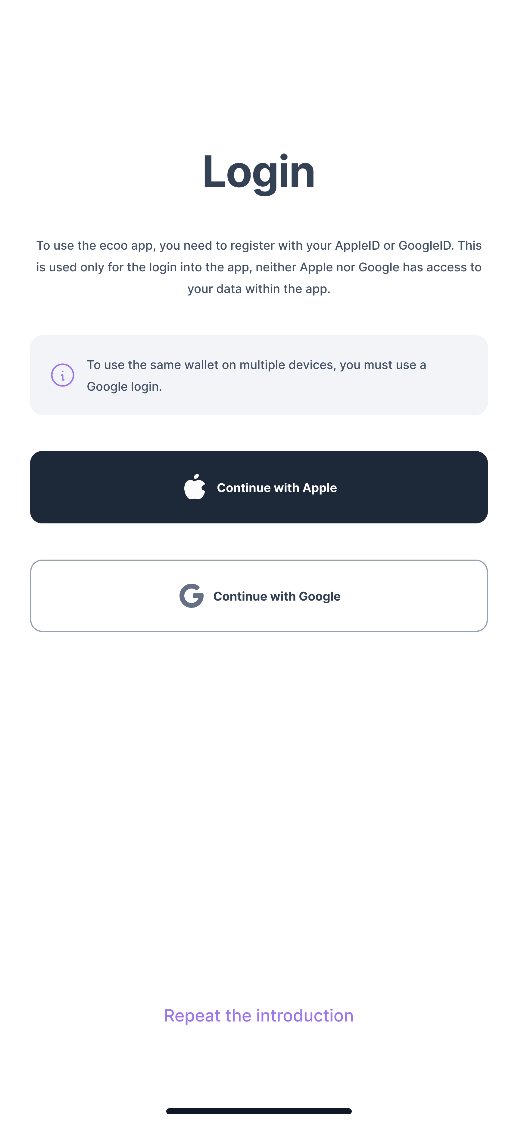 The app sign-in screen with options to continue with Apple or Google.