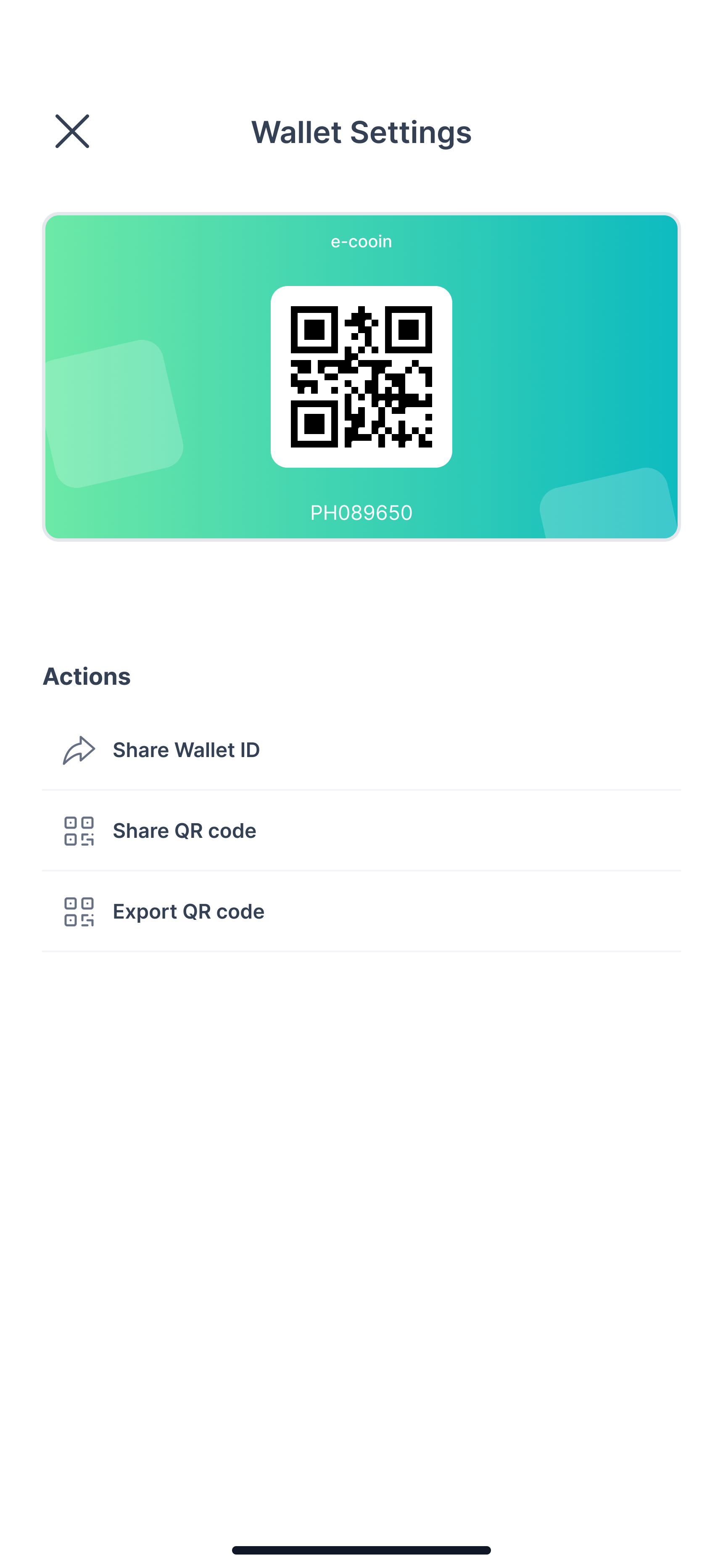 A branded wallet card in the app with its QR code and wallet ID.