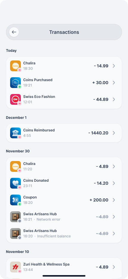 En lista med CSS Coin-transaktioner: köp, återbetalningar och kuponger.