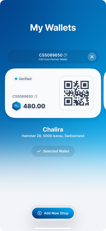 Partnerplånbok med verifierad status, saldo och QR-kod.