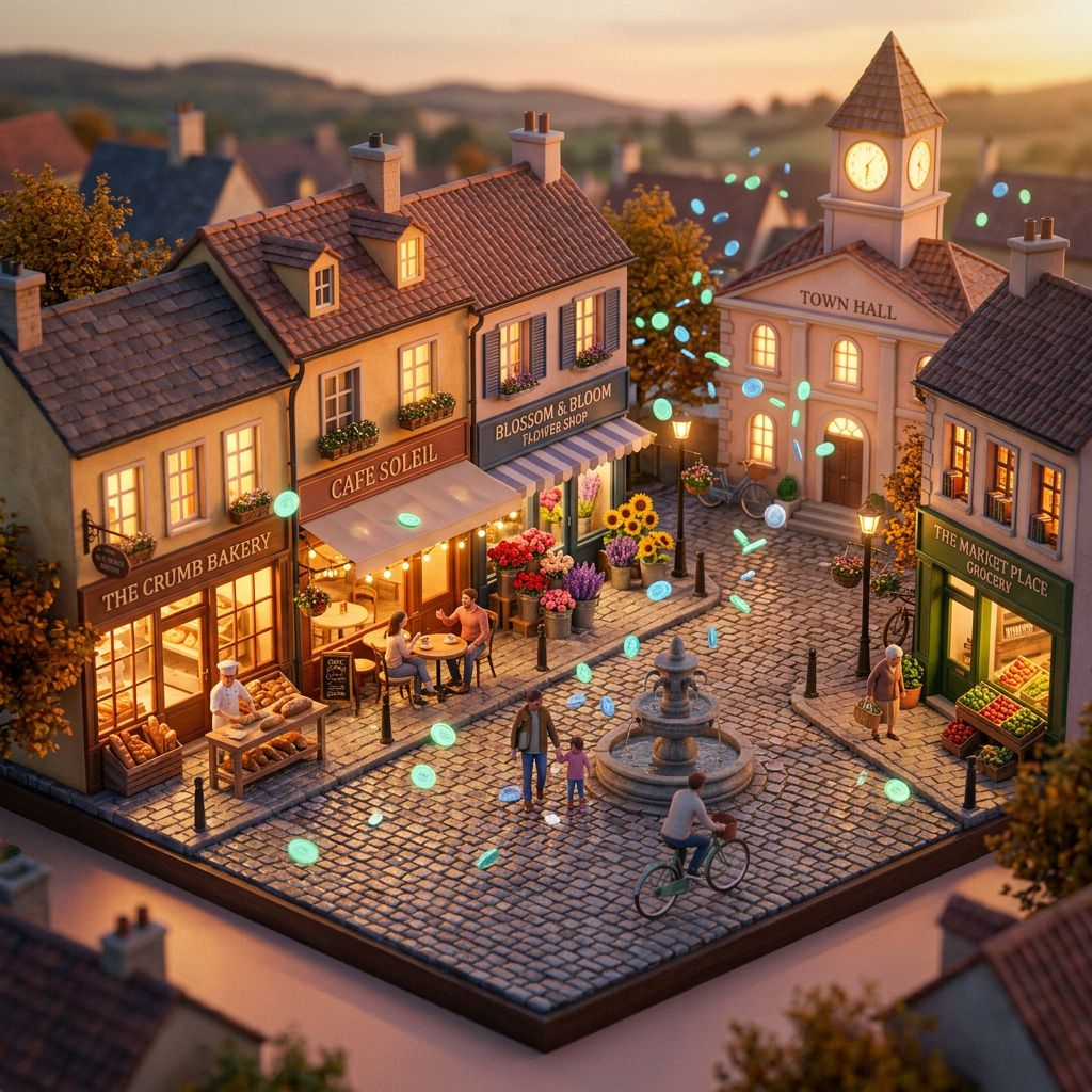 Illustration of a town with participating shops connected in a network.