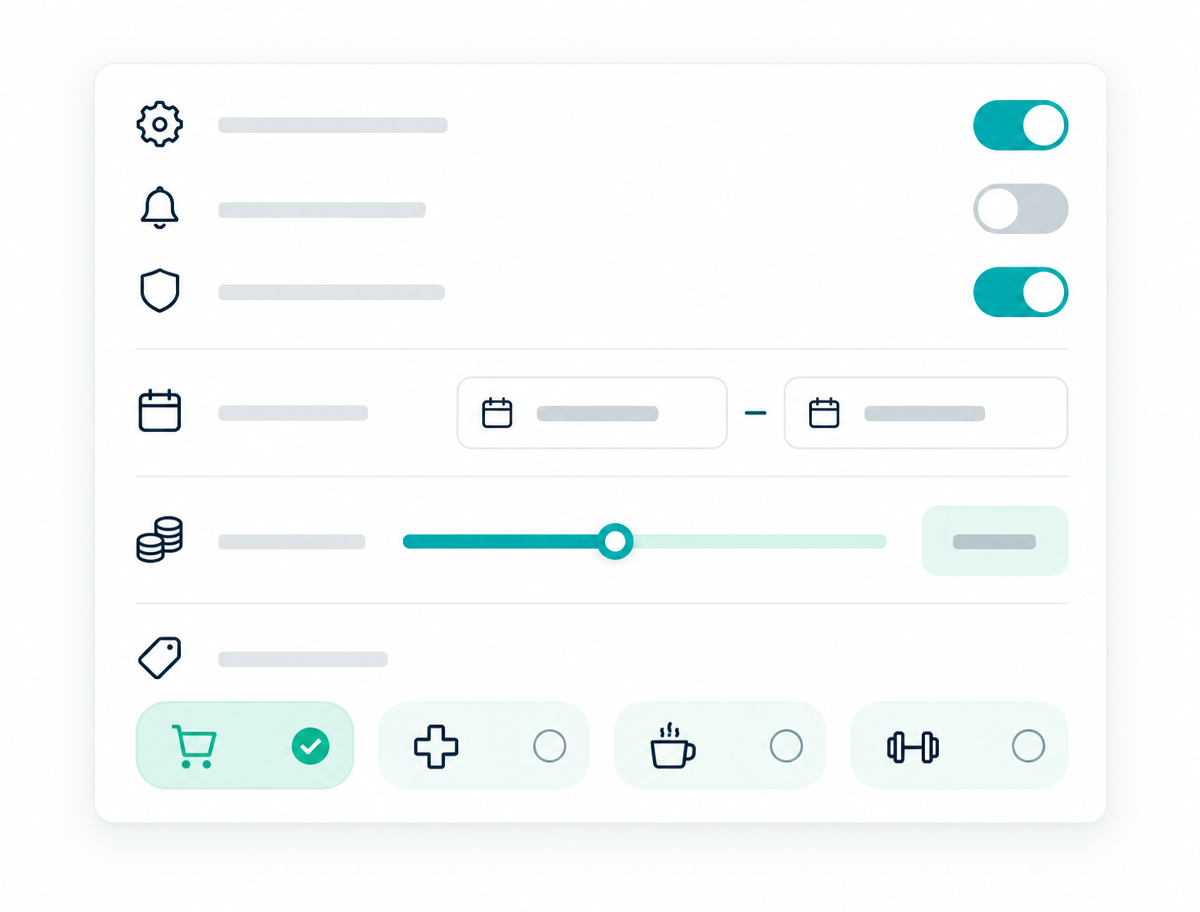 A program settings panel with rules, validity dates, limits, and categories.