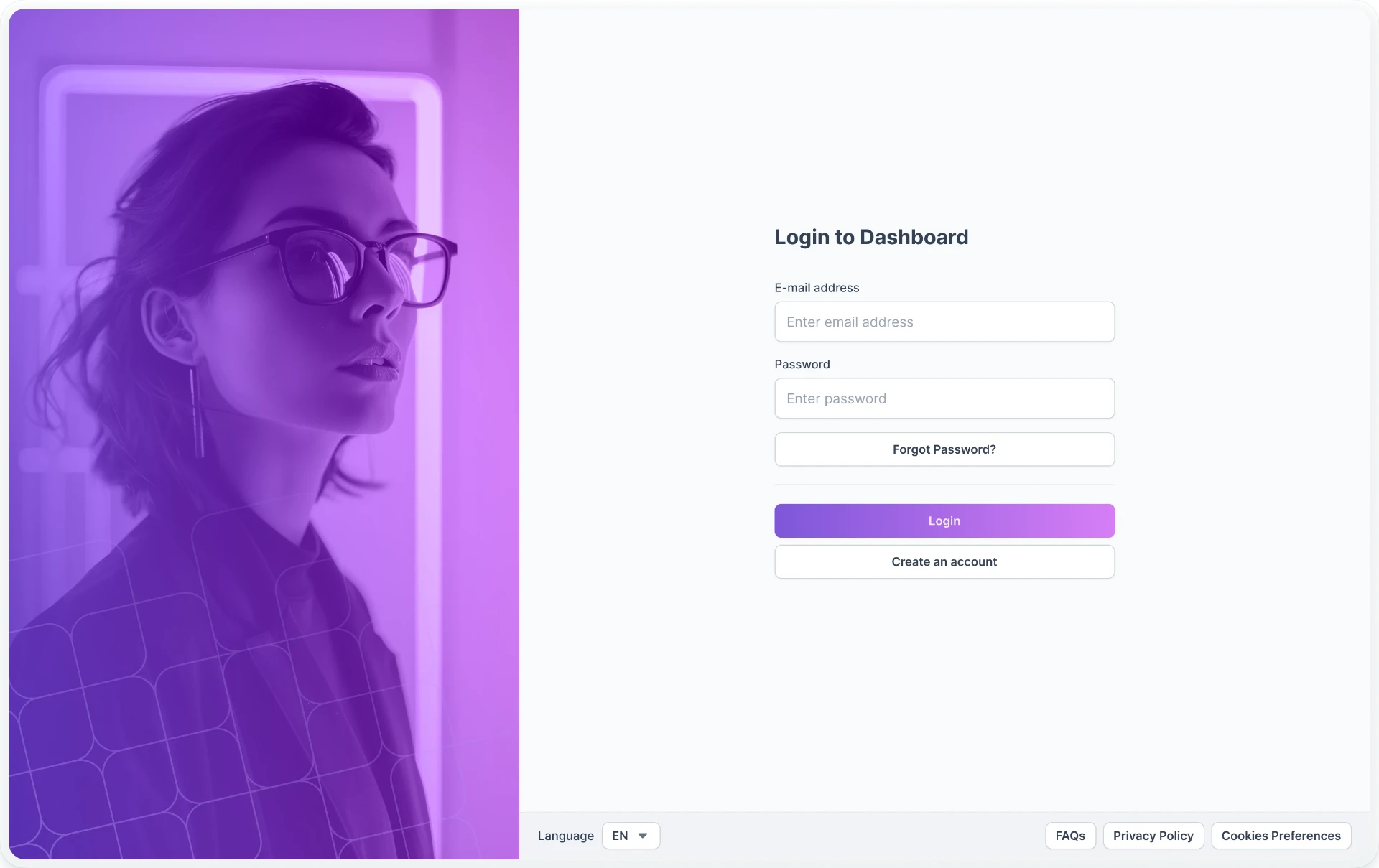 Dashboard sign-in page with email address and password fields.
