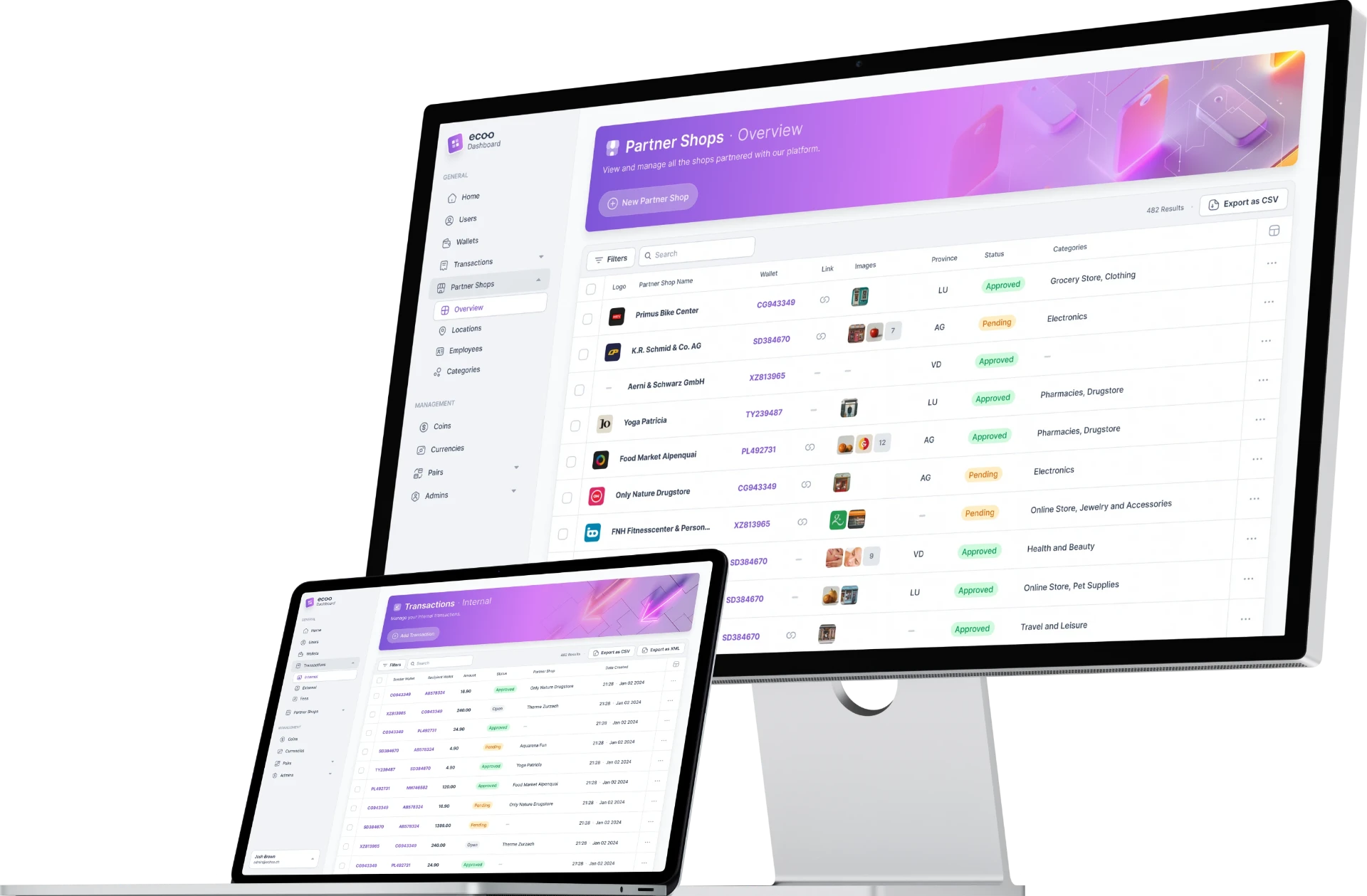 The Ecoo dashboard on a monitor and laptop showing the partner shop overview and transactions.