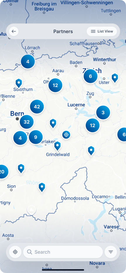 Karta med anslutna partner i hela Schweiz.