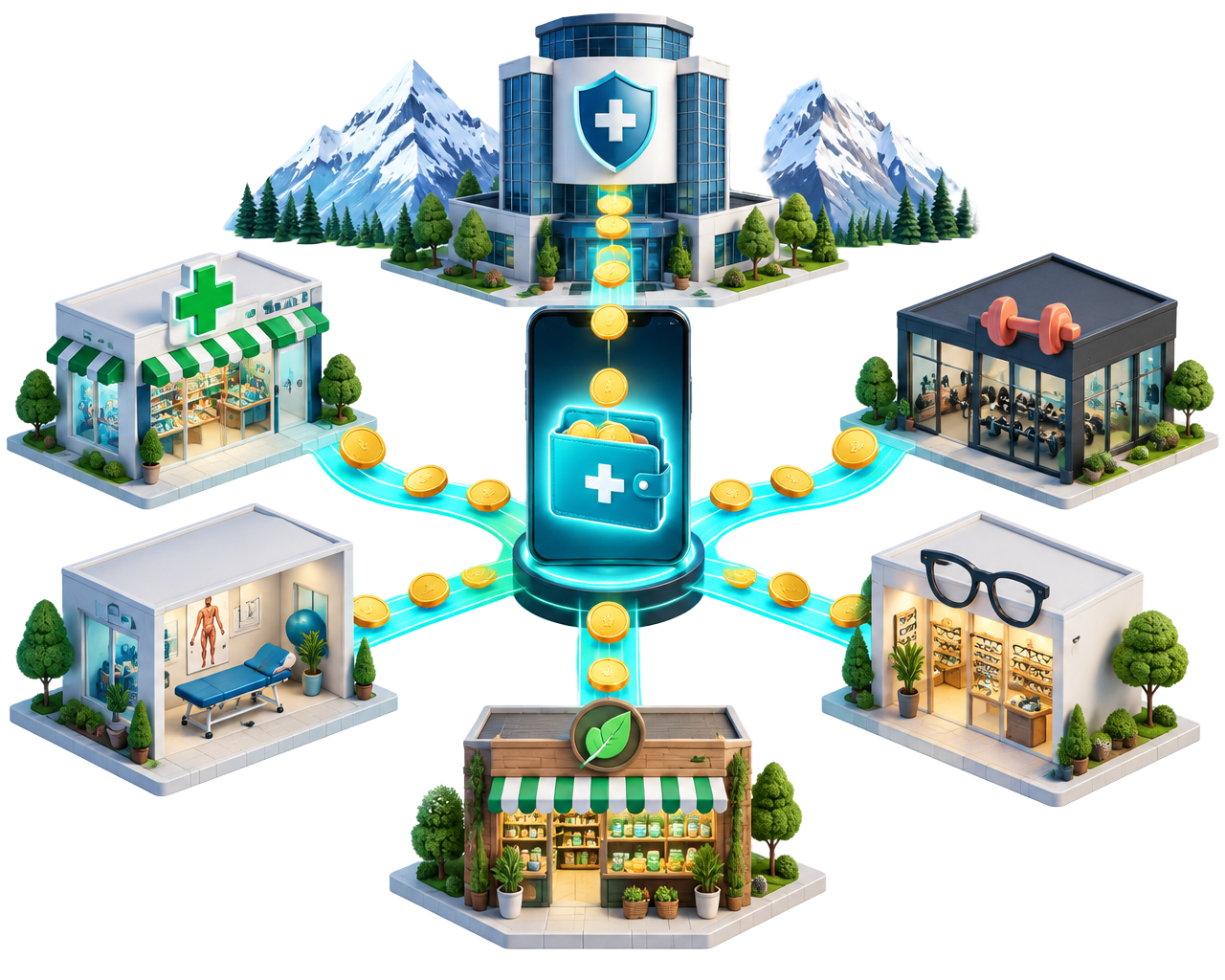 Illustration: Eine Versicherung schickt Guthaben auf ein Smartphone, von dem es zu Apotheke, Fitnessstudio, Physiotherapie, Optiker und Bioladen fliesst.