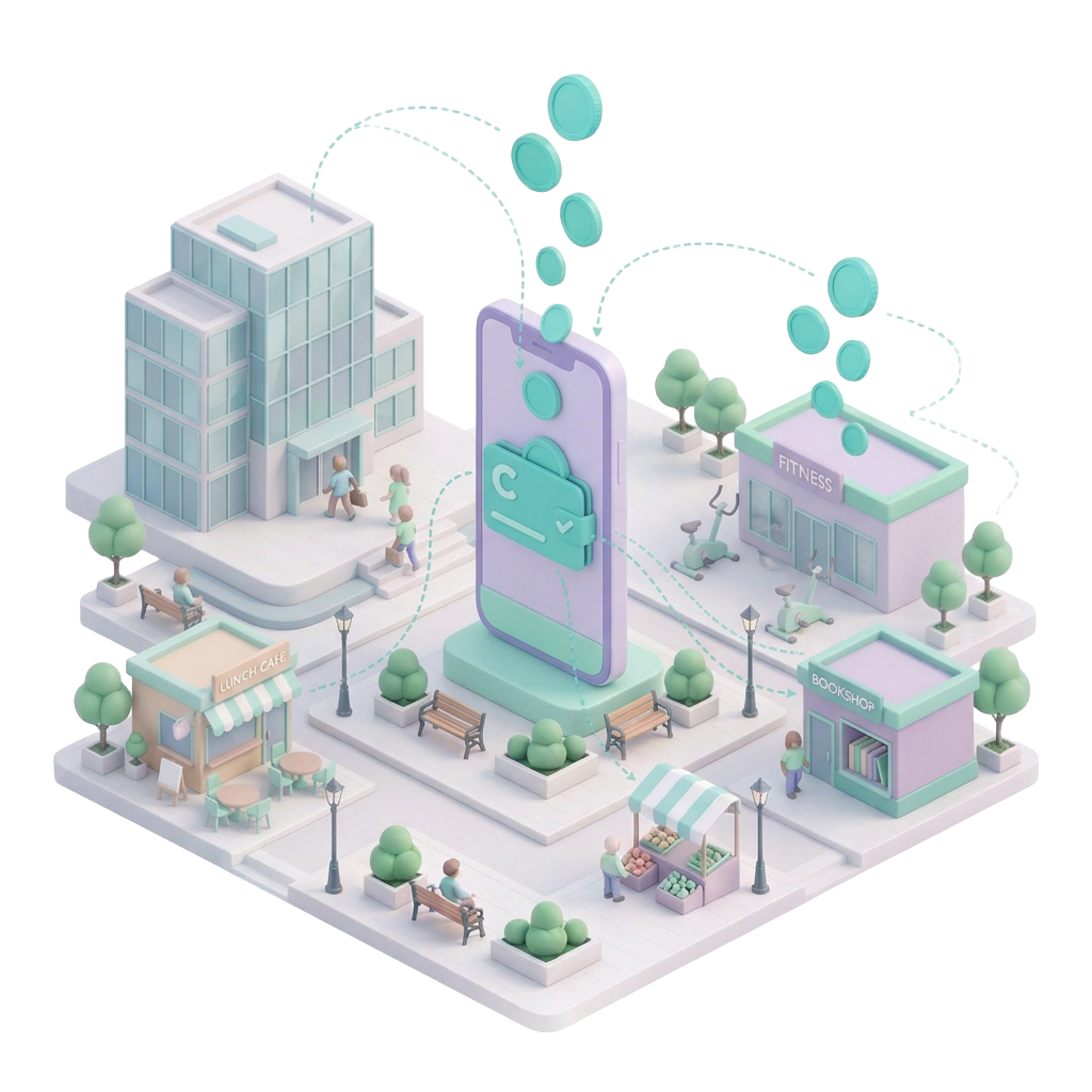 Illustration: Mitarbeitende verlassen ein Bürogebäude; Münzen fliessen über ein Smartphone mit Wallet zu Café, Fitnessstudio, Markt und Buchhandlung.
