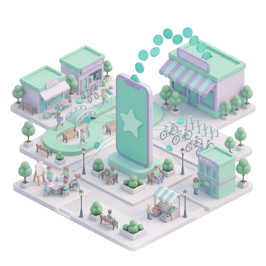 Illustration: Münzen fliessen von einem Geschäft über ein Smartphone mit Mitgliedskarte zu Partnergeschäften wie Café, Sportgeschäft und Hotel.