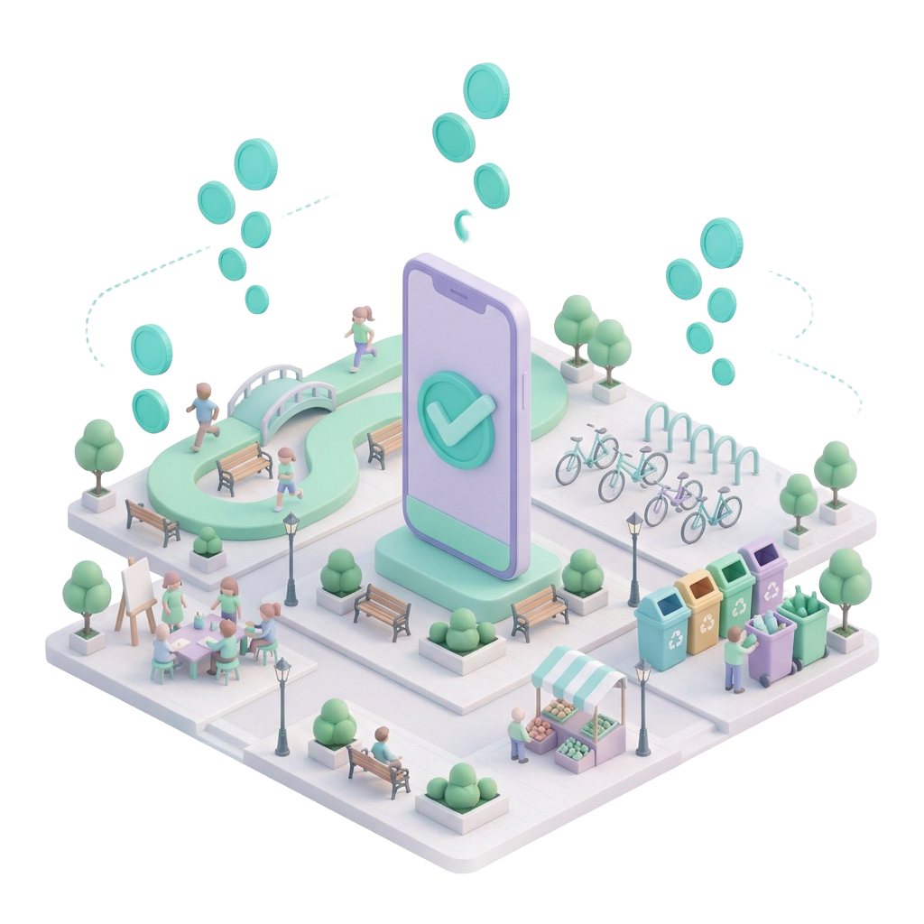 Illustration mit Menschen beim Joggen, Velofahren, Recycling und in einem Workshop; Münzen steigen zu einem Smartphone mit Häkchen auf.