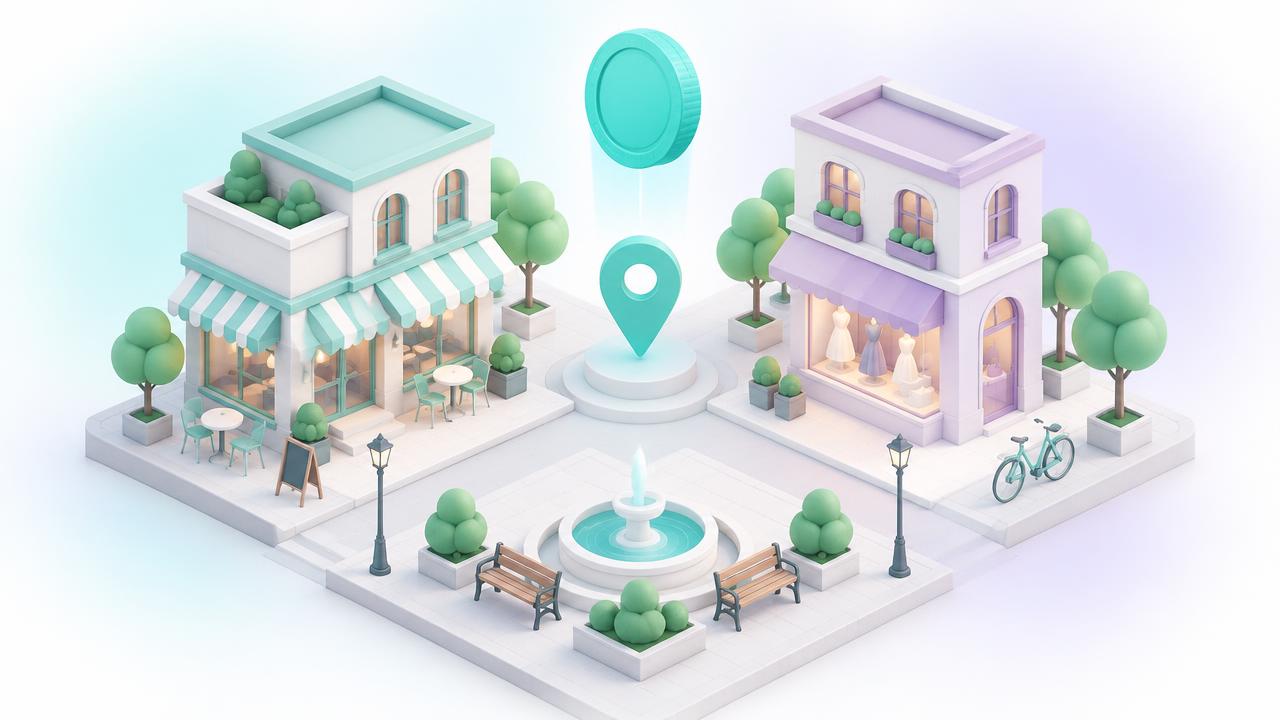 Illustration av ett torg med ett kafé, en butik, en platsmarkering och ett mynt.