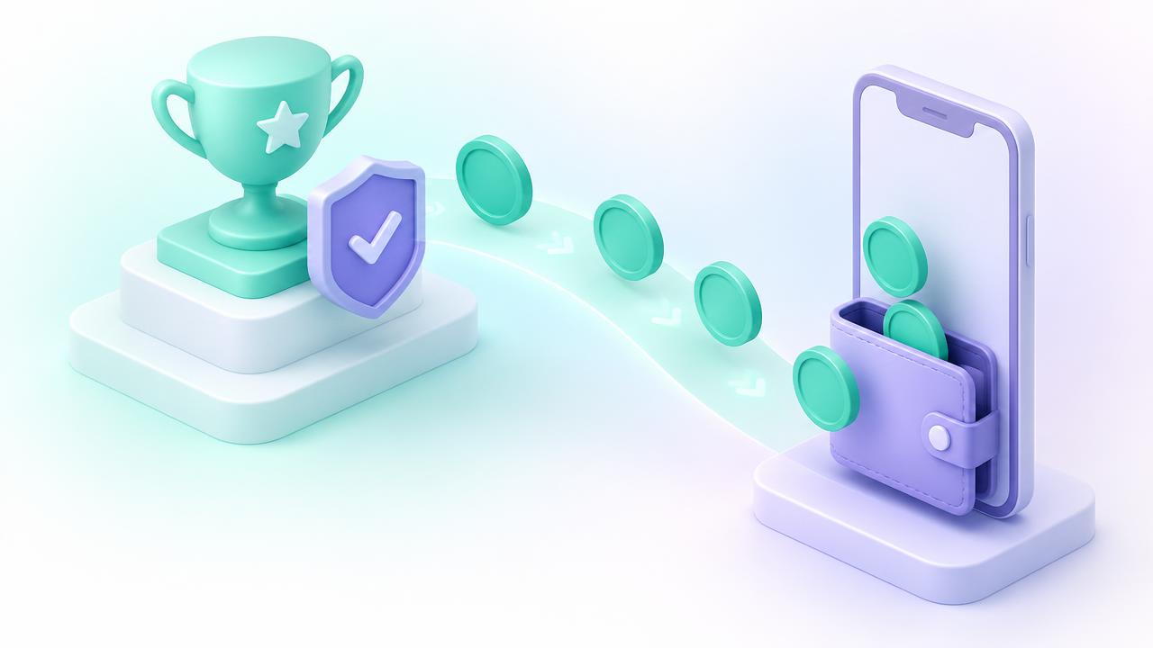 Illustration av en pokal och en bock-symbol med mynt som flödar in i en mobilplånbok.